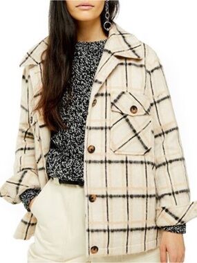 Topshop Cream Plaid Pea Coat